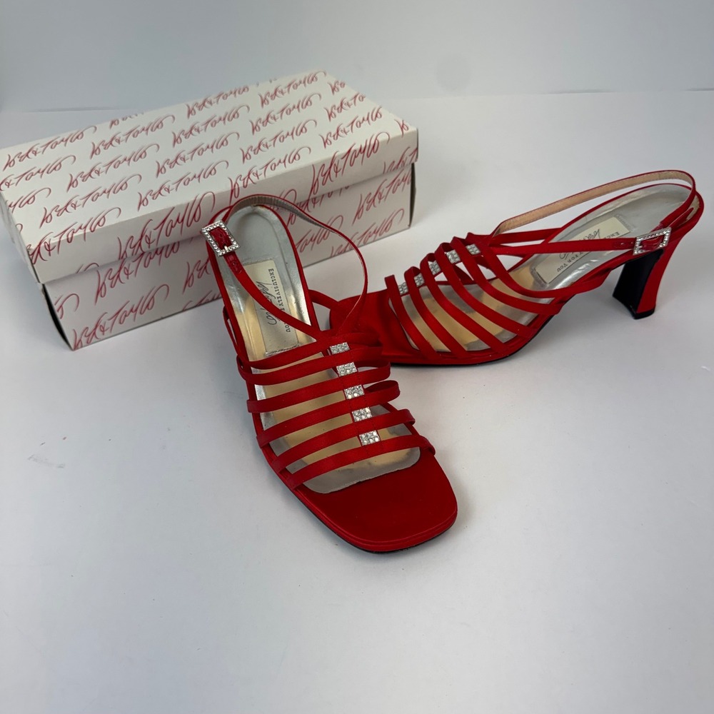 Lord & Taylor Marcy Red Satin Strappy Rhinestone Slingback Heels 10M Leather